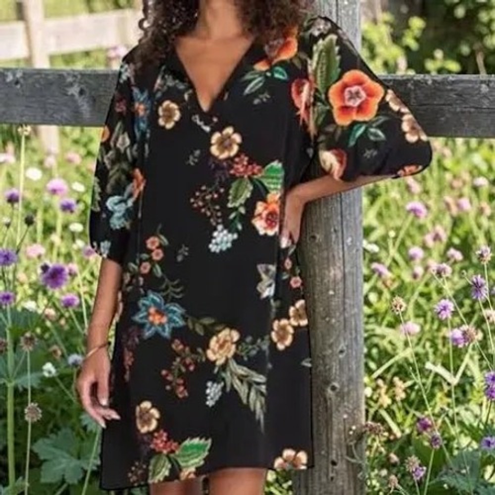 Johnny Was Zorya Floral Mini Dress Black Silk Blend V-Neck Shift XS NWT